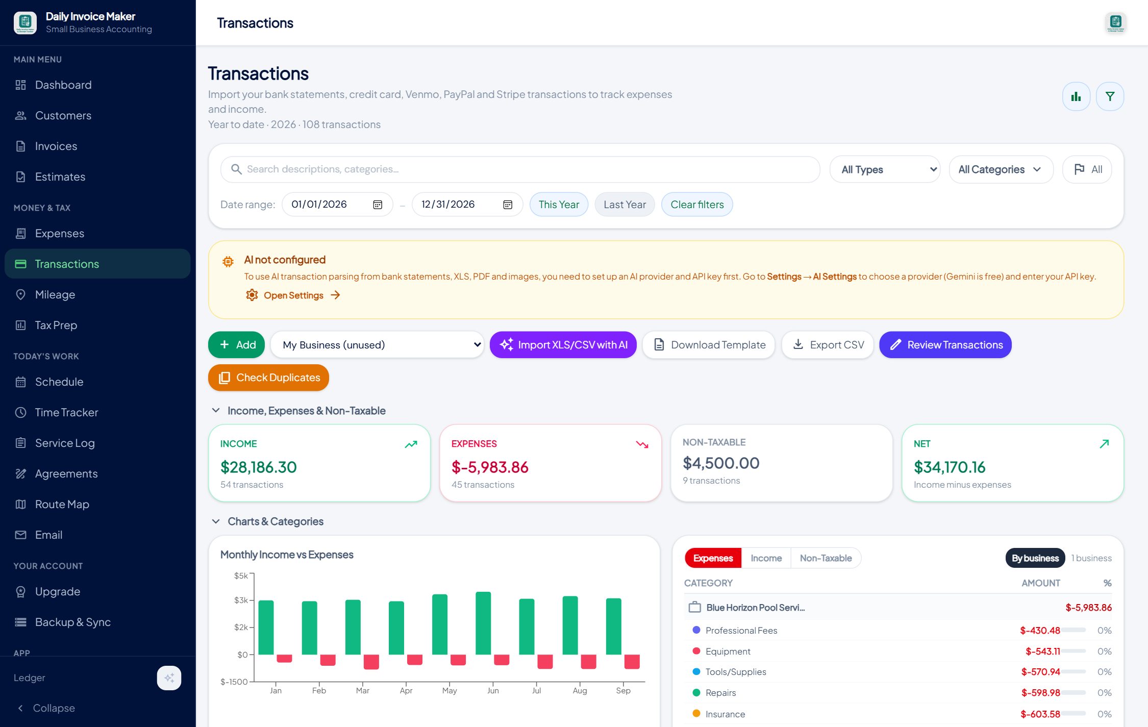 A single-entry transaction ledger showing dated income and expense rows with categories and amounts