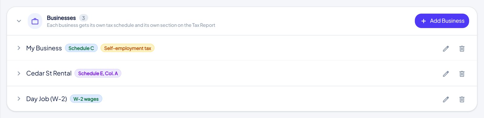 Tax Prep businesses card: My Business on Schedule C with self-employment tax, Cedar St Rental on Schedule E, Day Job as W-2 wages