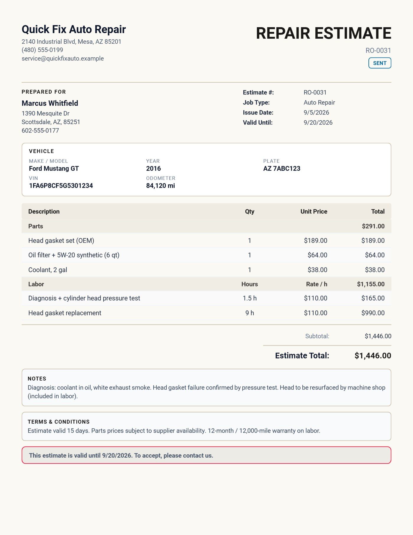 A repair estimate with the vehicle at the top and parts and labor in separate tables