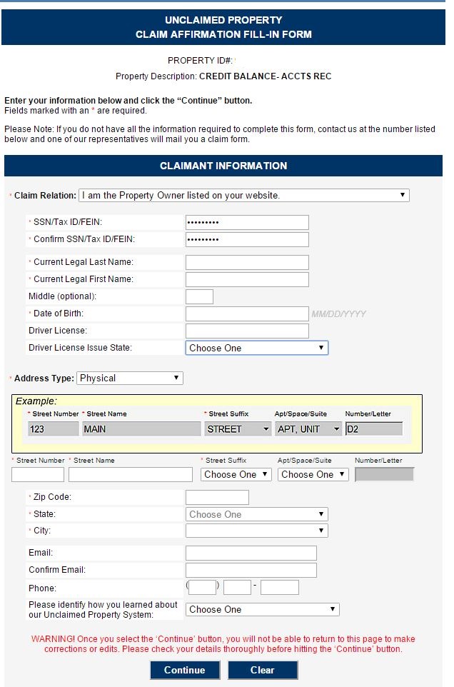 Claim form fields