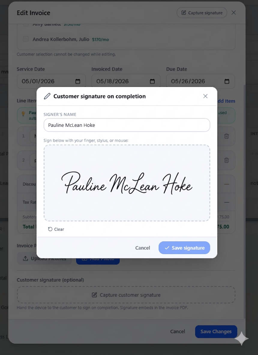 Customer signing an invoice on a phone screen