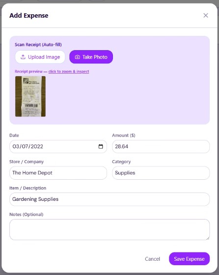 Receipt scanner extracting vendor, amount, date and category for Schedule C