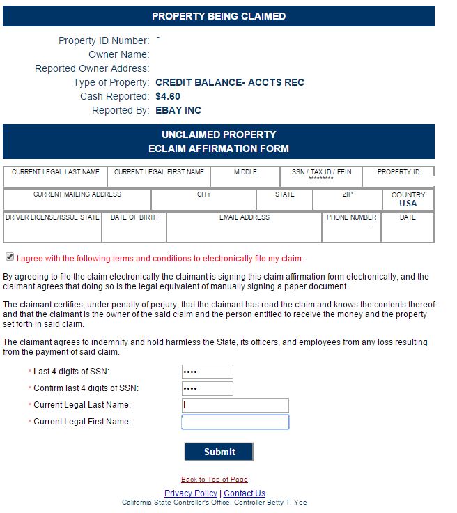 Claim confirmation screen