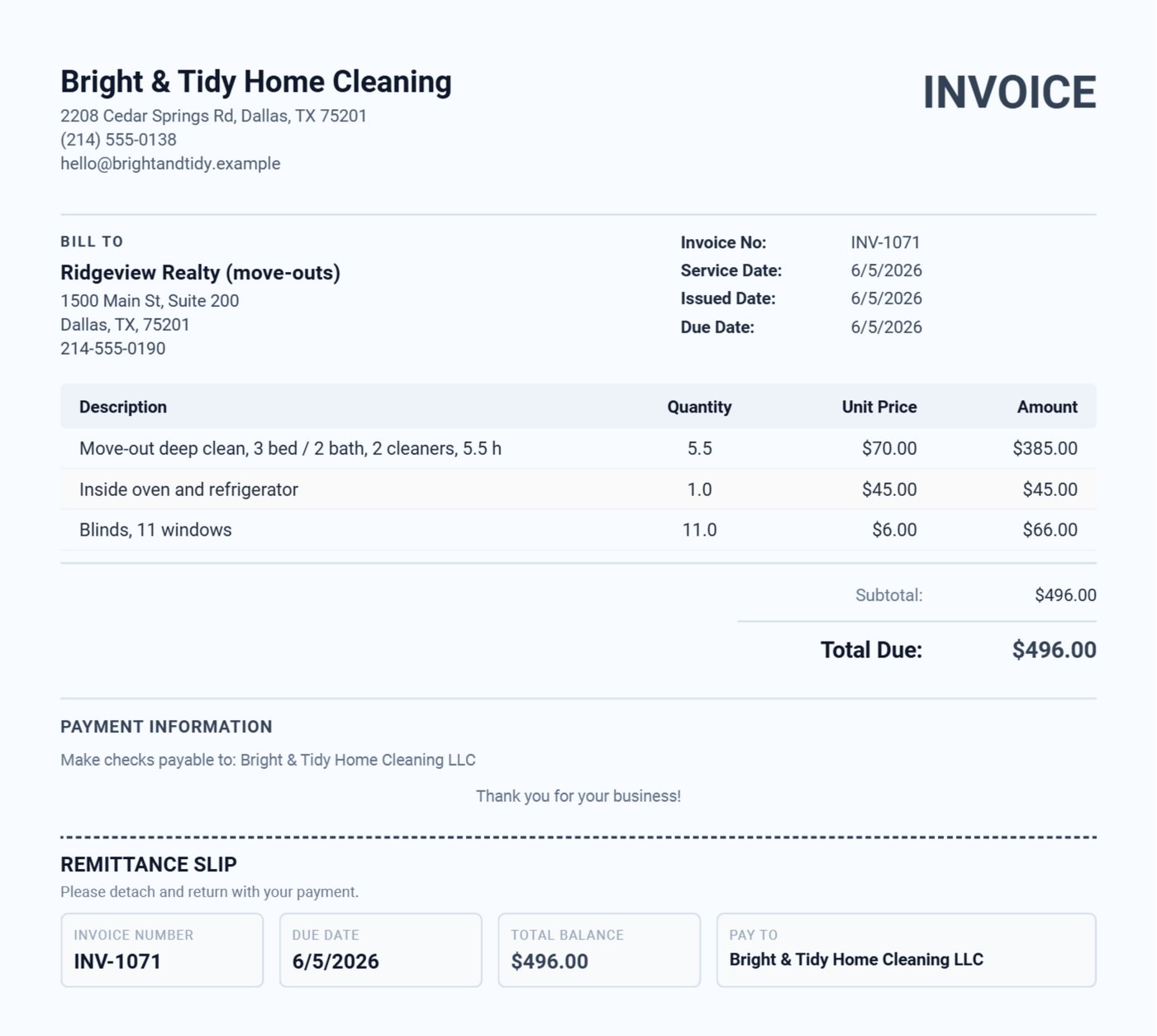 Move-out cleaning invoice with hourly labor line, oven and fridge add-on, blinds, a property note and photos attached