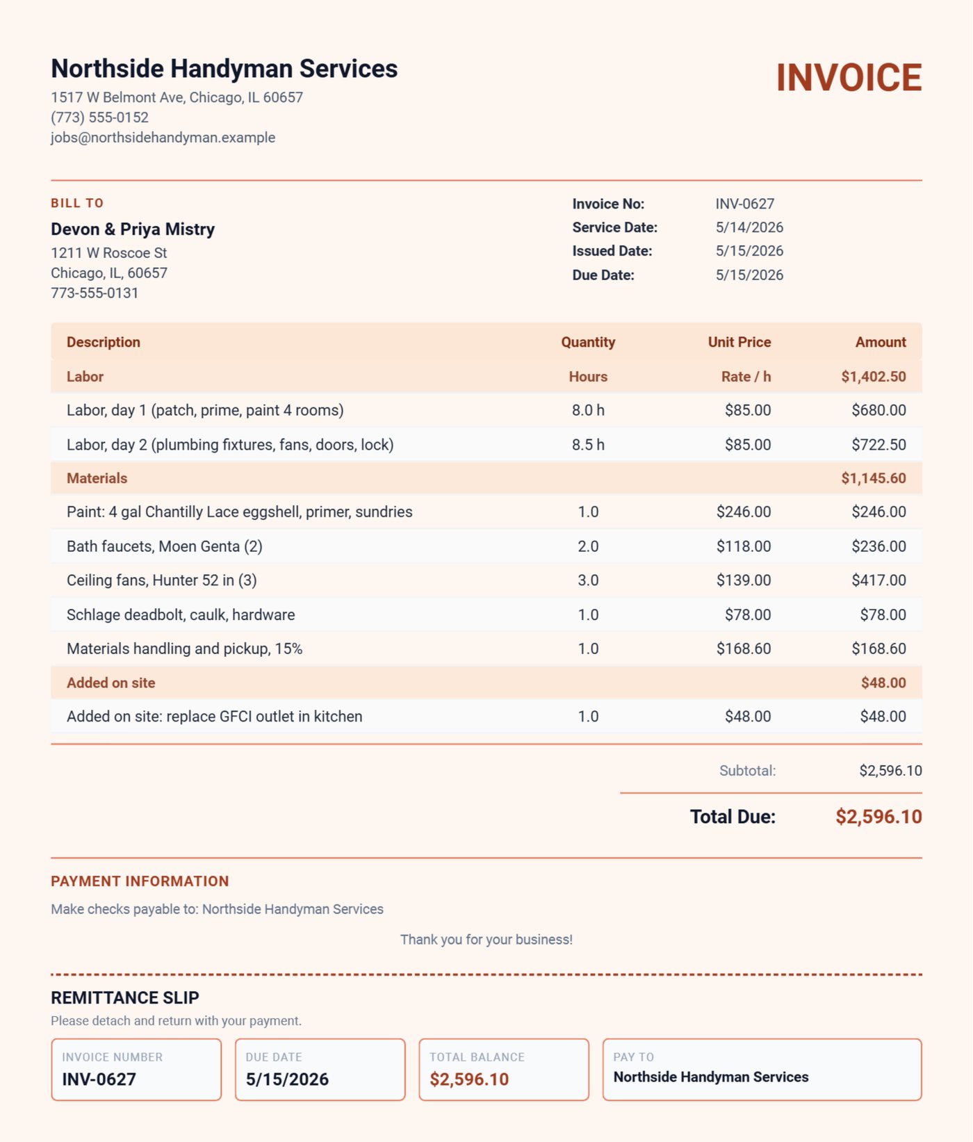 Handyman invoice with labor by the hour, materials at cost, a visible 15 percent handling line, deposit recorded and added-on-site work