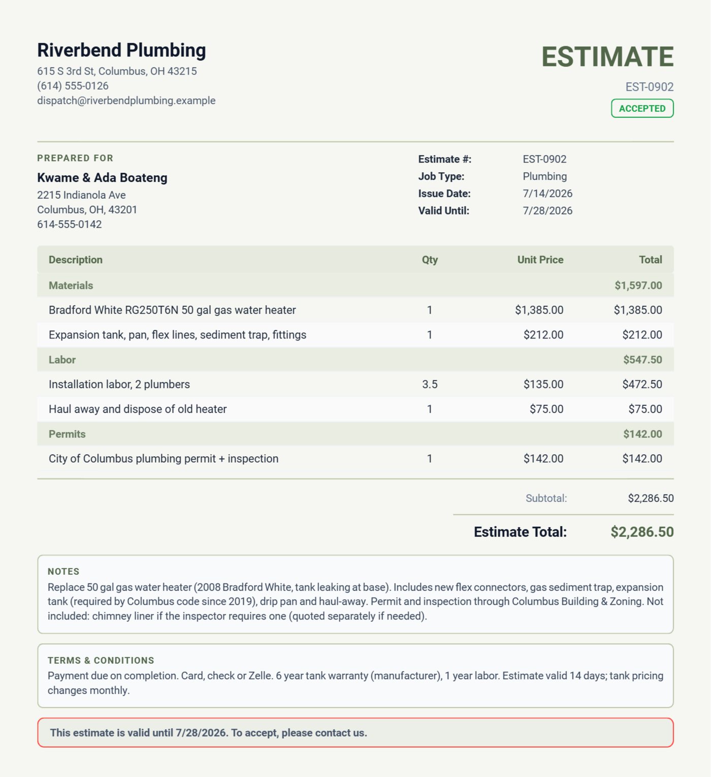 Plumbing estimate for a gas water heater replacement with Materials, Labor and Permits sections and a 14-day validity