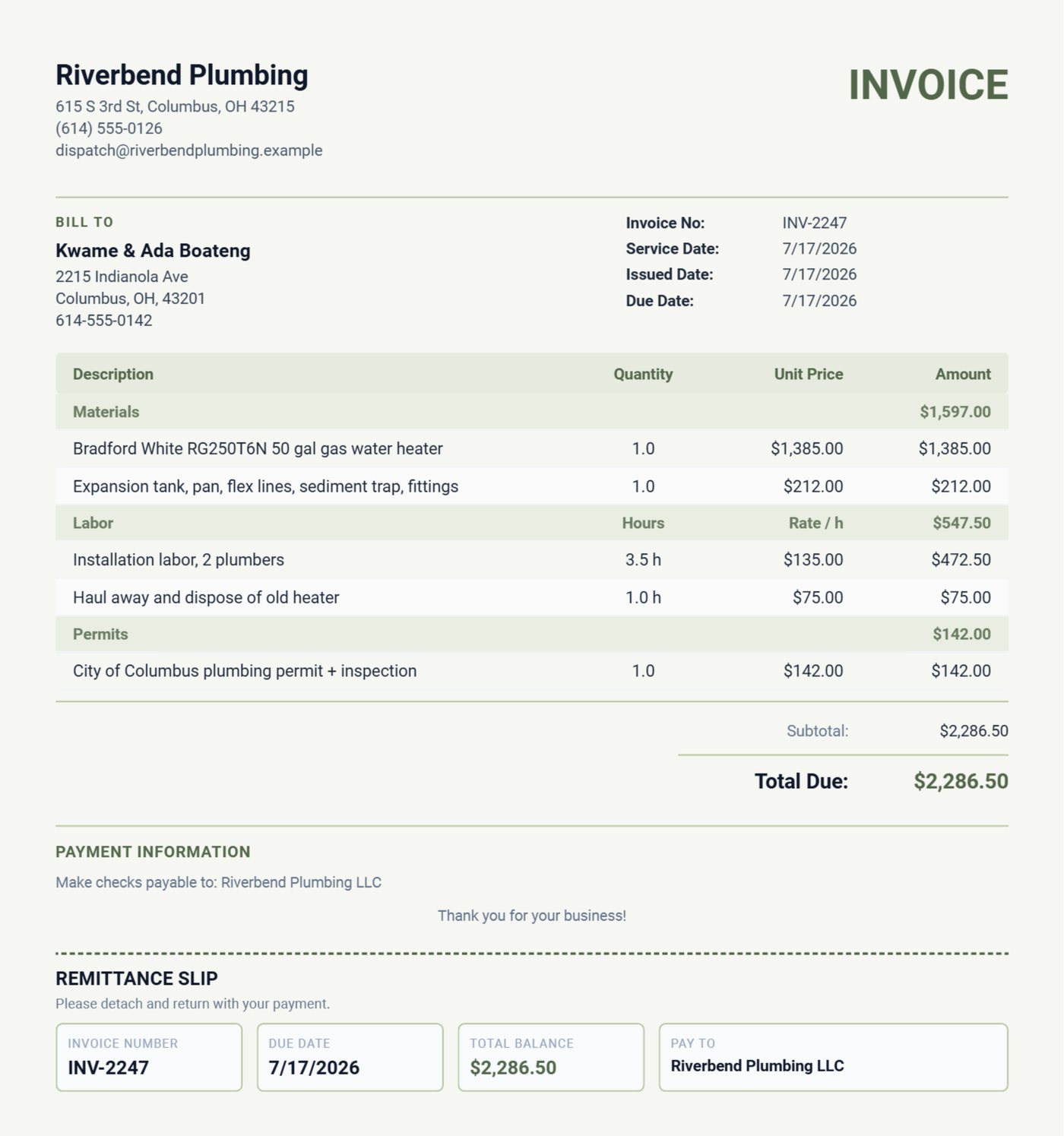 Plumbing invoice for a water heater replacement with materials, labor and permit lines and installation notes