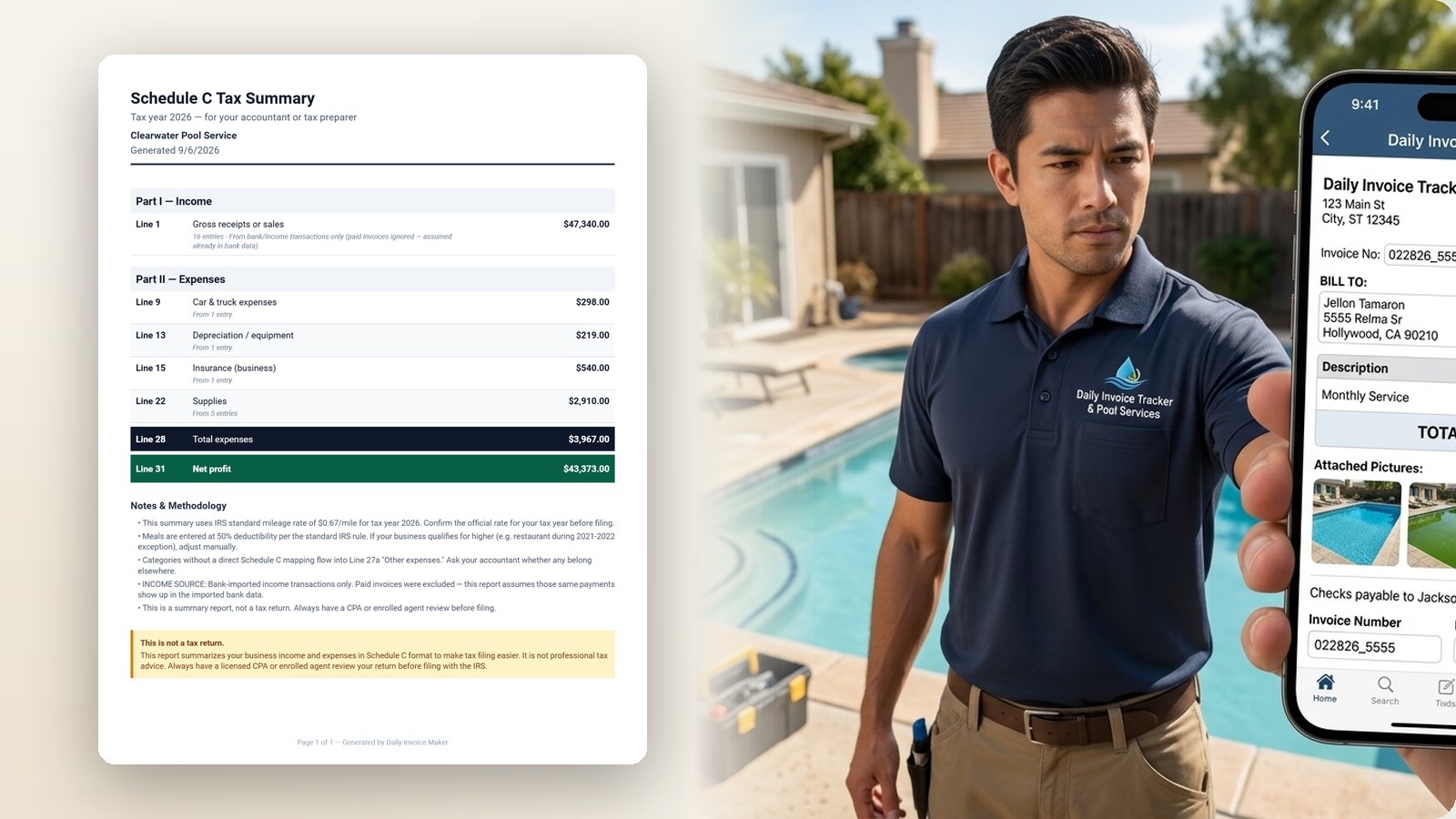 Schedule C summary for a pool service business beside a pool technician